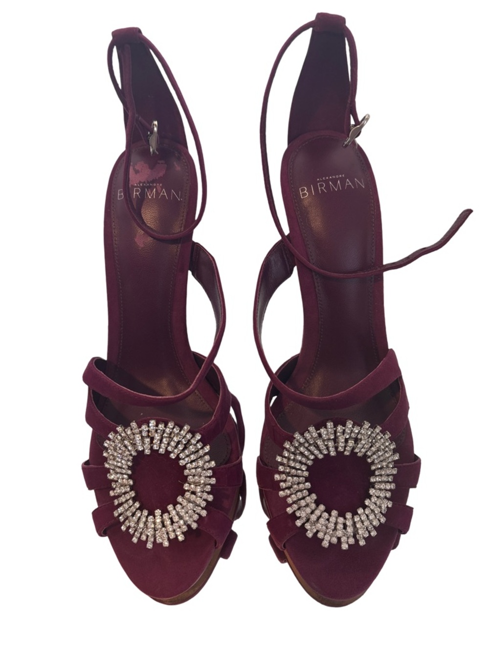 Alexandre Birman Burgundy Suede Crystal-Embellished Ankle-Tie Heels
